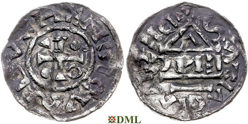 Денарий, Германия, Бавария, Heinrich IV (995-1002), м.д. Regensburg, монетарий ƆИƎ, Hahn 1976, 25c6.2