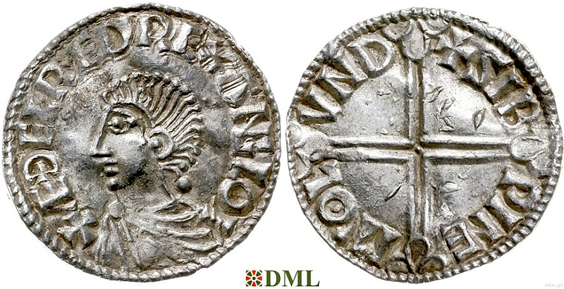 Денарий, Англия, Æthelred II (978-1016), м.д. London, монетарий Sibwine, North 774