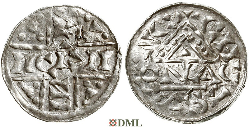 Денарий, Германия, Бавария, Heinrich V (1018-1026), м.д. Regensburg, монетарий ONA, Hahn 1976, 31b6.