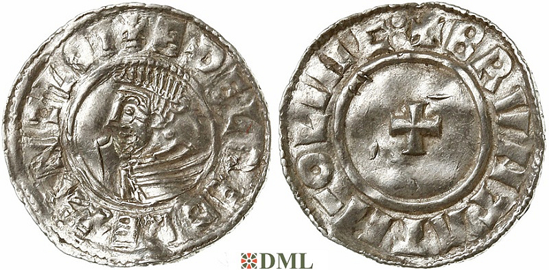 Денарий, Англия, Æthelred II (978-1016), м.д. Lincoln, монетарий Bruntat, North 777