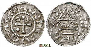 Денарий, Германия, Бавария, Heinrich II (985–995), м.д. Regensburg, монетарий MΛO, Hahn 1976, 22f1