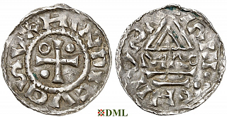 Денарий, Германия, Бавария, Heinrich II (985–995), м.д. Regensburg, монетарий MΛO, Hahn 1976, 22f1