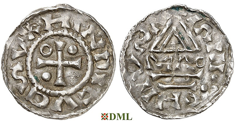 Денарий, Германия, Бавария, Heinrich II (985–995), м.д. Regensburg, монетарий MΛO, Hahn 1976, 22f1