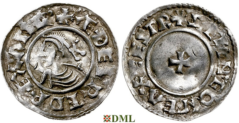 Денарий, Англия, Æthelred II (978-1016), м.д. Exeter, монетарий Sæwine, North 777