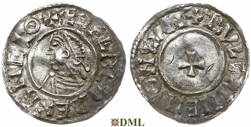 Денарий, Англия, Æthelred II (978-1016), м.д. London, монетарий Wulfwine, North 777