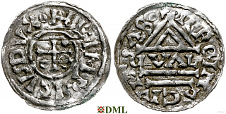 Денарий, Германия, Бавария, Heinrich II (955-995), м.д. Regensburg, монетарий GVΛL, Hahn 1976, 22d1.1