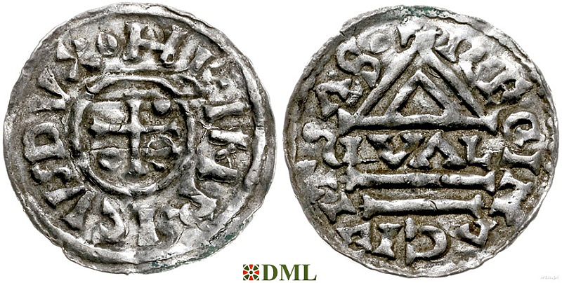 Денарий, Германия, Бавария, Heinrich II (955-995), м.д. Regensburg, монетарий GVΛL, Hahn 1976, 22d1.1