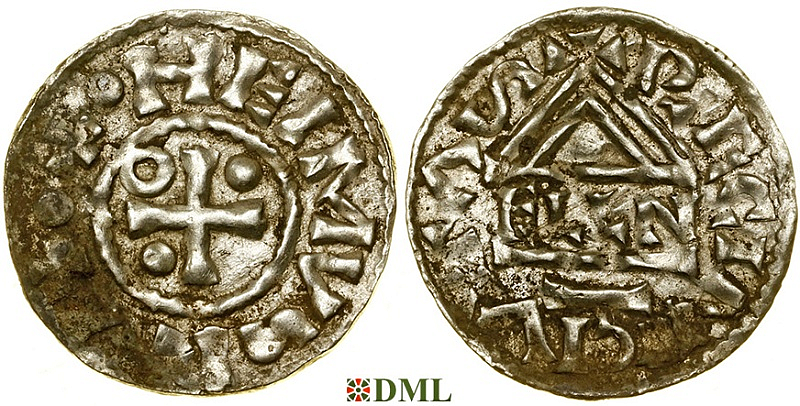 Денарий, Германия, Бавария, Heinrich II (985–995), м.д. Regensburg, монетарий ELLN, Hahn 1976, 22c2.2
