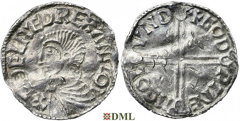Денарий, Англия, Æthelred II (978-1016), м.д. London, монетарий Godpine, North 774