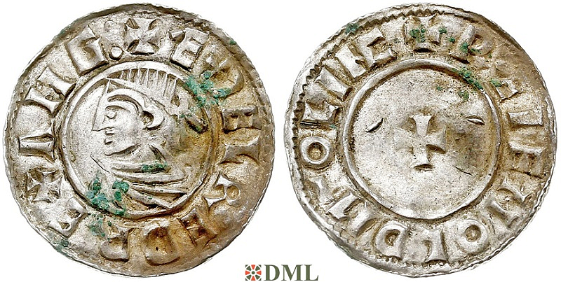 Денарий, Англия, Æthelred II (978-1016), м.д. Lincoln, монетарий Ræinald, North 777