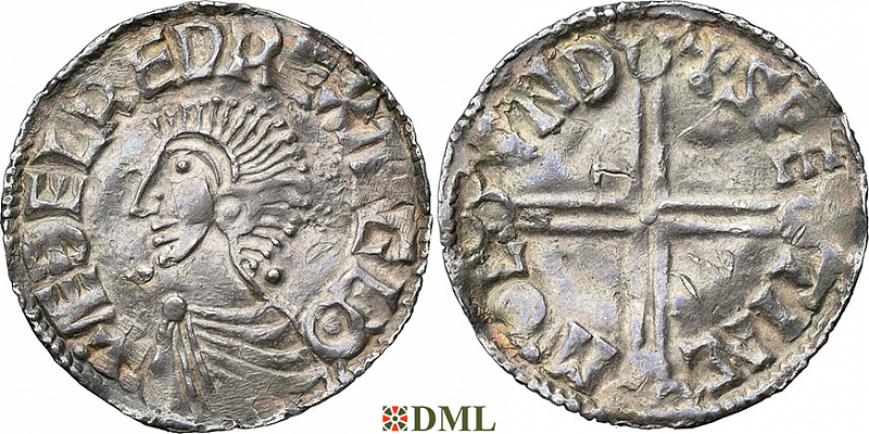 Денарий, Англия, Æthelred II (978-1016), м.д. London, монетарий Spetinc, North 774