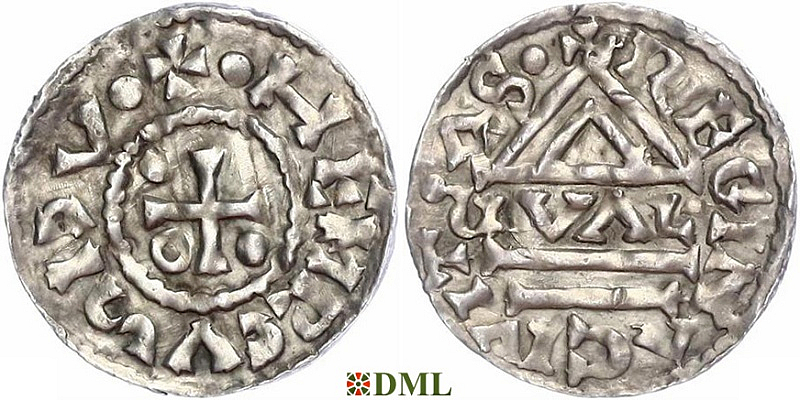Денарий, Германия, Бавария, Heinrich II (985–995), м.д. Regensburg, монетарий GVΛL, Hahn 1976, 22d1