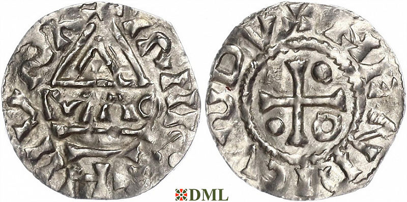 Денарий, Германия, Бавария, Heinrich II (985–995), м.д. Regensburg, монетарий MAO, Hahn 1976, 22f1