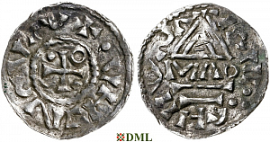 Денарий, Германия, Бавария, Heinrich II (955-995), м.д. Regensburg, монетарий MΛO, Hahn 1976, 22f1.3