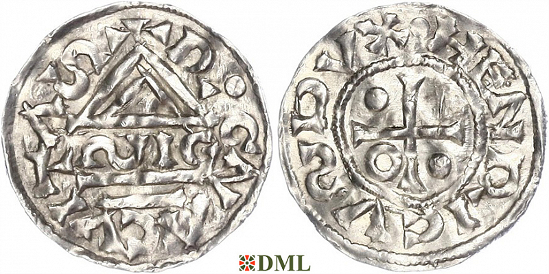 Денарий, Германия, Бавария, Heinrich II (985–995), м.д. Regensburg, монетарий SIC, Hahn 1976, 22g1
