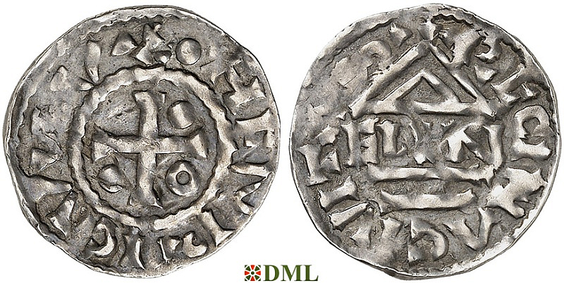 Денарий, Германия, Бавария, Heinrich II (985–995), м.д. Regensburg, монетарий ELLN, Hahn 1976, 22c2