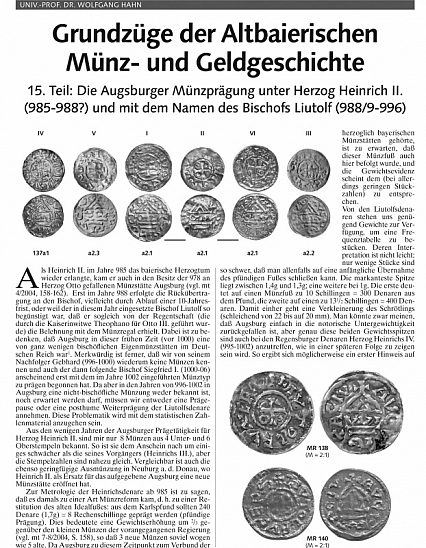 Hahn W. Die Augsburger Münzprägung unter Herzog Heinrich II. (985-988?) und mit dem Namen des Bischofs Liutolf (988/9-996)
