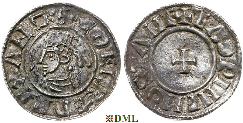 Денарий, Англия, Æthelred II (978-1016), м.д. Stamford, монетарий Eadwine, North 777