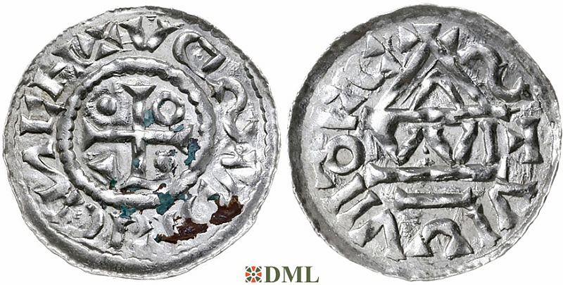 Денарий, Германия, Бавария, Heinrich IV (995-1002), м.д. Regensburg, монетарий WI, Hahn 1976, 25e6.1