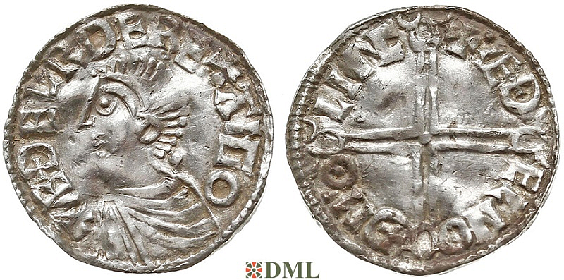Денарий, Англия, Æthelred II (978-1016), м.д. Lincoln, монетарий Aethelnoth, North 774