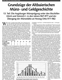 Hahn W. Die Augsburger Münzprägung unter den Bischöfen Ulrich und Heinrich I. in den Jahren 967-977 und der Übergang der Münzstätte an Herzog Otto 977-982
