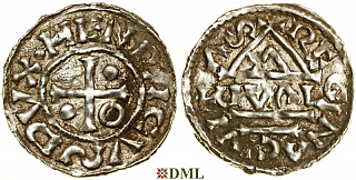 Денарий, Германия, Бавария, Heinrich II (985–995), м.д. Regensburg, монетарий GVΛL, Hahn 1976, 22d1.2
