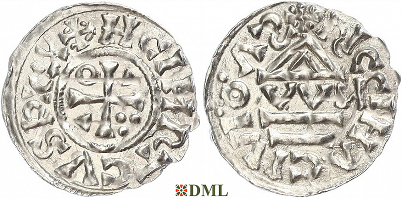 Денарий, Германия, Бавария, Heinrich II (1002-1024), м.д. Regensburg, монетарий OWИ, Hahn 1976, 27j1