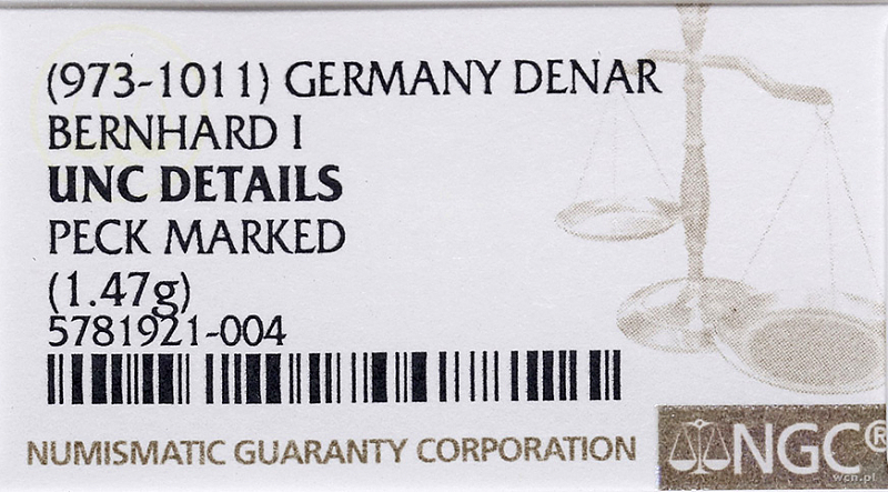 Денарий, Германия, Саксония, Bernhard I (973-1011), м.д. Luneburg, Dbg. 585
