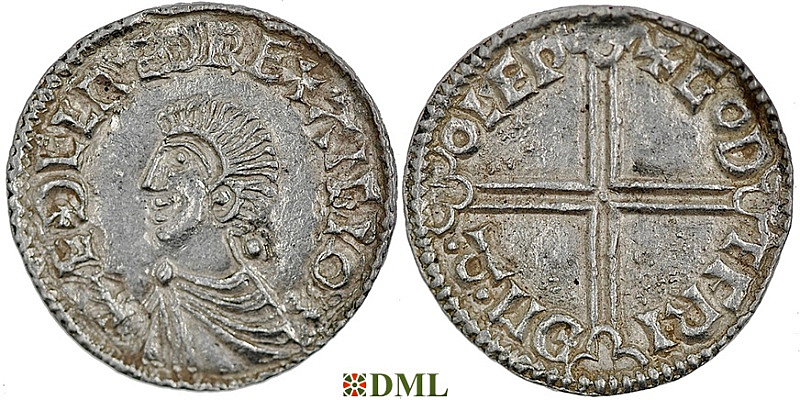 Денарий, Англия, Æthelred II (978-1016), м.д. Lewes, монетарий Godfrid, North 774