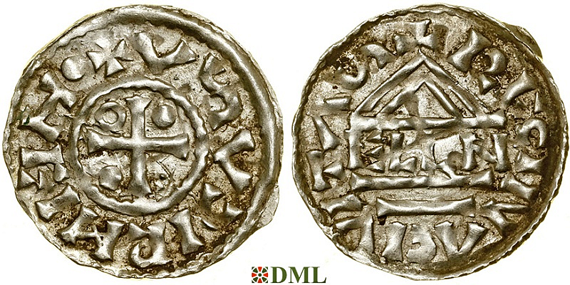 Денарий, Германия, Бавария, Heinrich II (985–995), м.д. Regensburg, монетарий ELLN, Hahn 1976, 22c2
