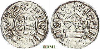 Денарий, Германия, Бавария, Heinrich II (1002-1024), м.д. Regensburg, монетарий OWИ, Hahn 1976, 27j1