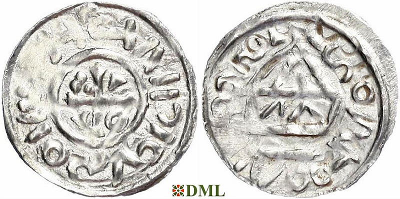 Денарий, Германия, Бавария, Heinrich II (1002-1024), м.д. Salzburg, монетарий WΛI, Hahn 1976, 89b1
