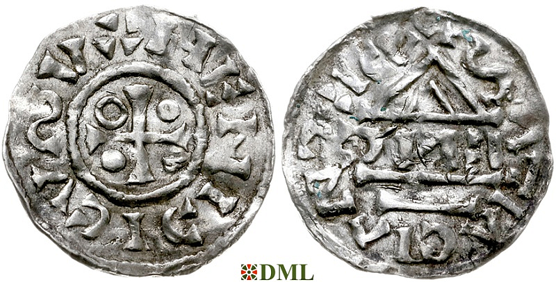 Денарий, Германия, Бавария, Heinrich IV (995-1002), м.д. Regensburg, монетарий EИC, Hahn 1976, 25c6.2