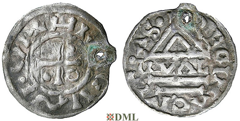 Денарий, Германия, Бавария, Heinrich II (985-995), м.д. Regensburg, монетарий GVΛL, Hahn 1976, 22d1