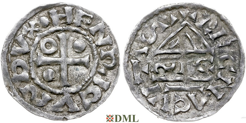 Денарий, Германия, Бавария, Heinrich II (955-995), м.д. Regensburg, монетарий ∾IC, Hahn 1976, 22g1.2