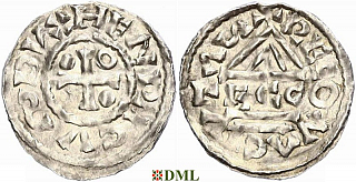 Денарий, Германия, Бавария, Heinrich II (985-995), м.д. Regensburg, монетарий ECCO, Hahn 1976, 22b2