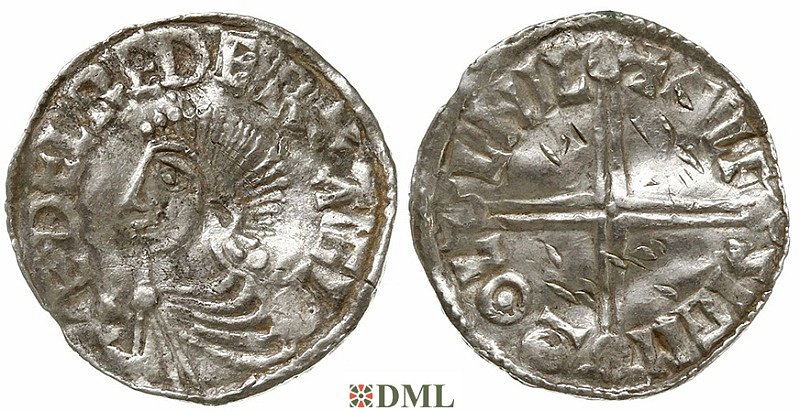 Денарий, Англия, Æthelred II (978-1016), м.д. Lincoln, монетарий Ælfsige, North 774