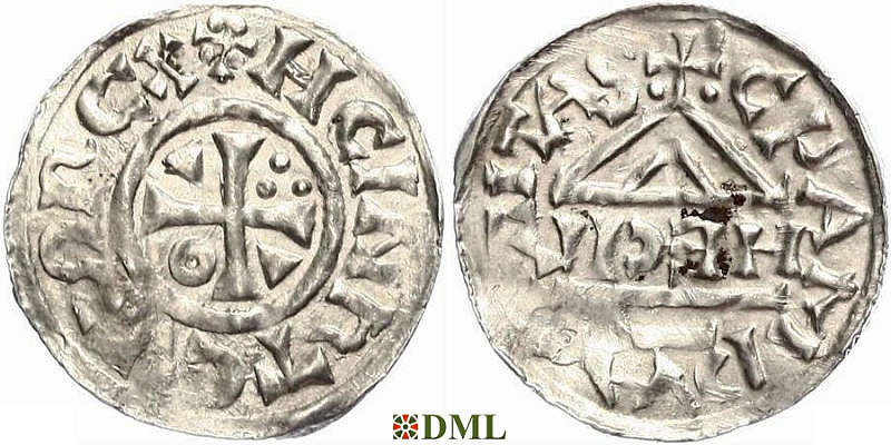 Денарий, Германия, Бавария, Heinrich II (1002-1024), м.д. Cham, монетарий HECIL, Hahn 1976, 80a1