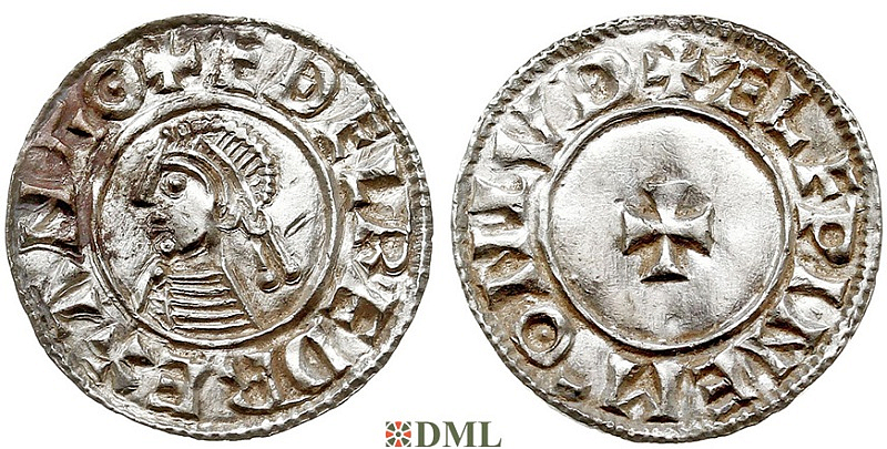 Денарий, Англия, Æthelred II (978-1016), м.д. London, монетарий Aelfwine, North 777