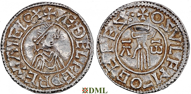 Денарий, Англия, Æthelred II (978-1016), м.д. Ipswich, монетарий Oswulf, North 766