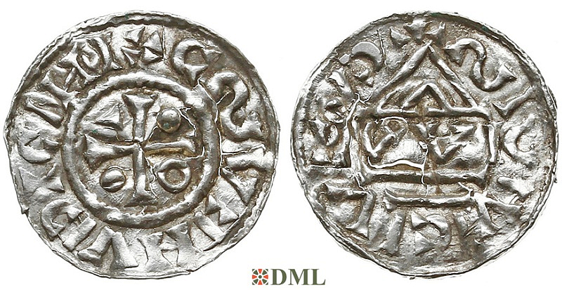 Денарий, Германия, Бавария, Heinrich IV (995-1002), м.д. Regensburg, монетарий WI, Hahn 1976, 25e3