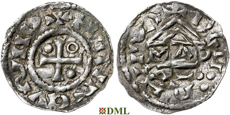 Денарий, Германия, Бавария, Heinrich II (955-995), м.д. Regensburg, монетарий MΛO, Hahn 1976, 22f1