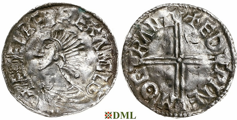 Денарий, Англия, Æthelred II (978-1016), м.д. Cambridge, монетарий Eadwine, North 774