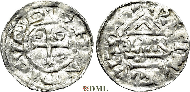 Денарий, Германия, Бавария, Heinrich II (985–995), м.д. Regensburg, монетарий ELLN, Hahn 1976, 22c2
