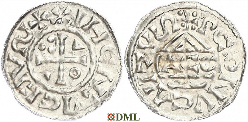 Денарий, Германия, Бавария, Heinrich II (1002-1024), м.д. Regensburg, монетарий MΛCCO, Hahn 1976, 27f1