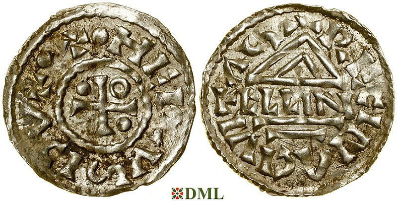 Денарий, Германия, Бавария, Heinrich II (985–995), м.д. Regensburg, монетарий ELLIN, Hahn 1976, 22c1