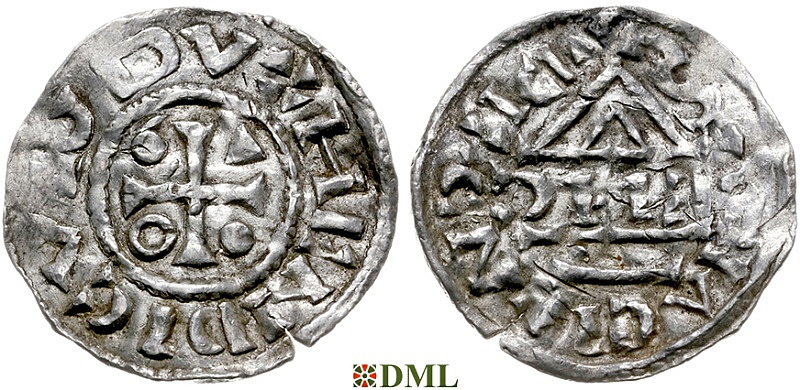 Денарий, Германия, Бавария, Heinrich IV (995-1002), м.д. Regensburg, монетарий EИC, Hahn 1976, 25c6.2
