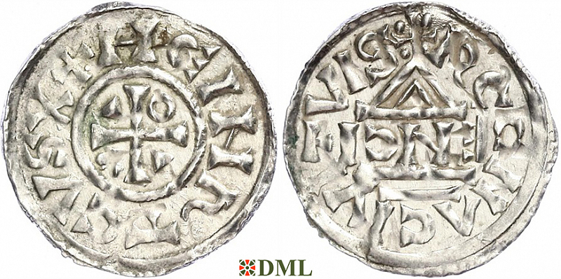 Денарий, Германия, Бавария, Heinrich II (1002-1024), м.д. Regensburg, монетарий ENCI, Hahn 1976, 27d2