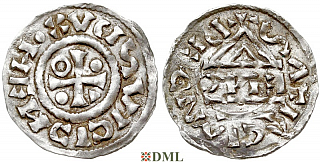 Денарий, Германия, Бавария, Heinrich IV (995-1002), м.д. Regensburg, монетарий EИC, Hahn 1976, 25с6.