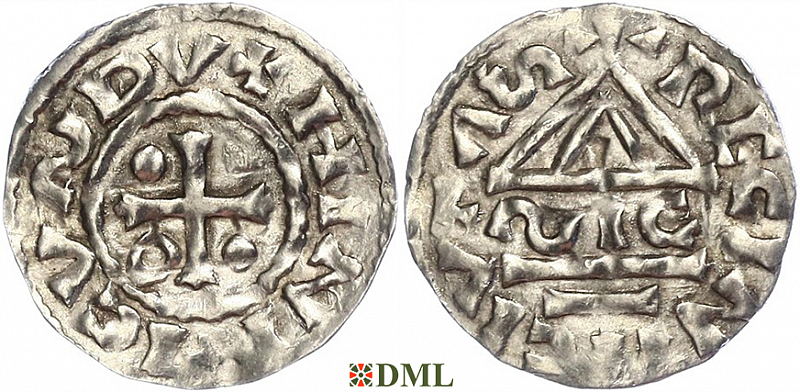 Денарий, Германия, Бавария, Heinrich II (985–995), м.д. Regensburg, монетарий SIC, Hahn 1976, 22g1